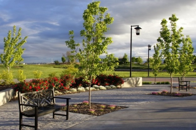 scenic view of park bench, flowers, and trees
