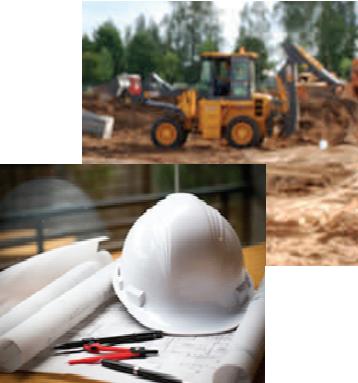 construction gear including hard hat, with construction vehicle in background