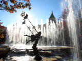 View of artwork and fountains in the Village at Meridian