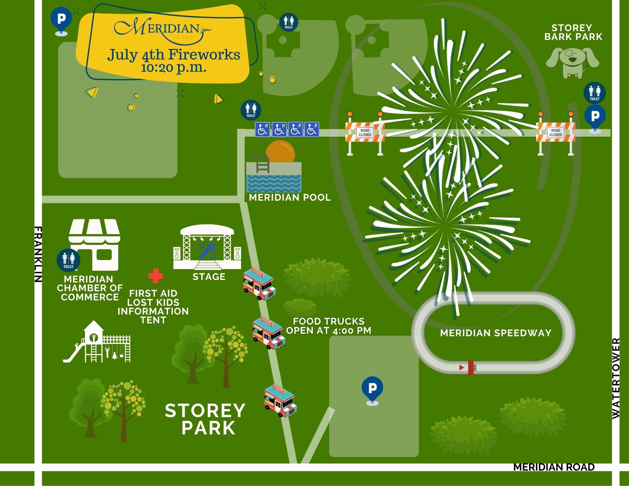 Map of Storey Park for Meridian’s July 4th event showing parking areas, stage, food trucks, restrooms, and fireworks viewing near the Speedway.