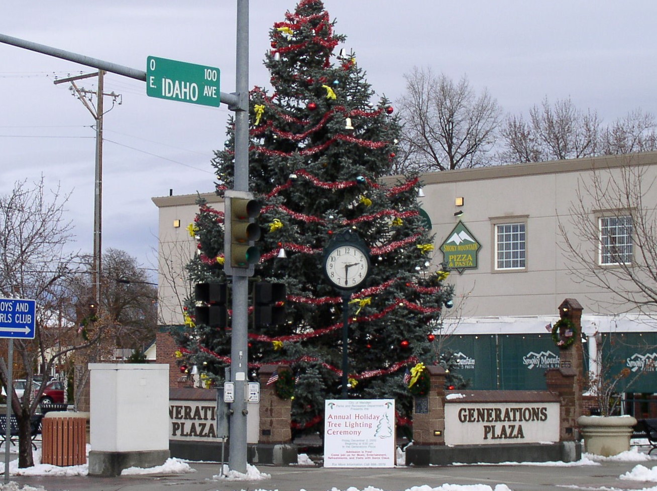 Generations Plaza in winter with large Christmas tree