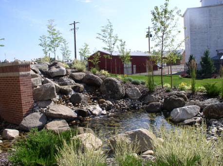 water feature with natural rocks at City Hall Plaza