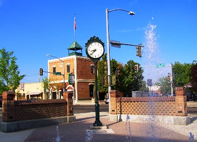 splash pad and clock at Generations Plaza