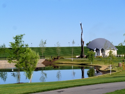 Bandshell seen across pond at Julius M. Kleiner Memorial Park