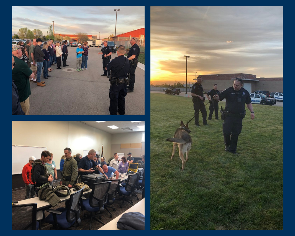 collage- public safety attendies listening to Police presentation, attendies examining protective gear, police with K9 dog at sunset