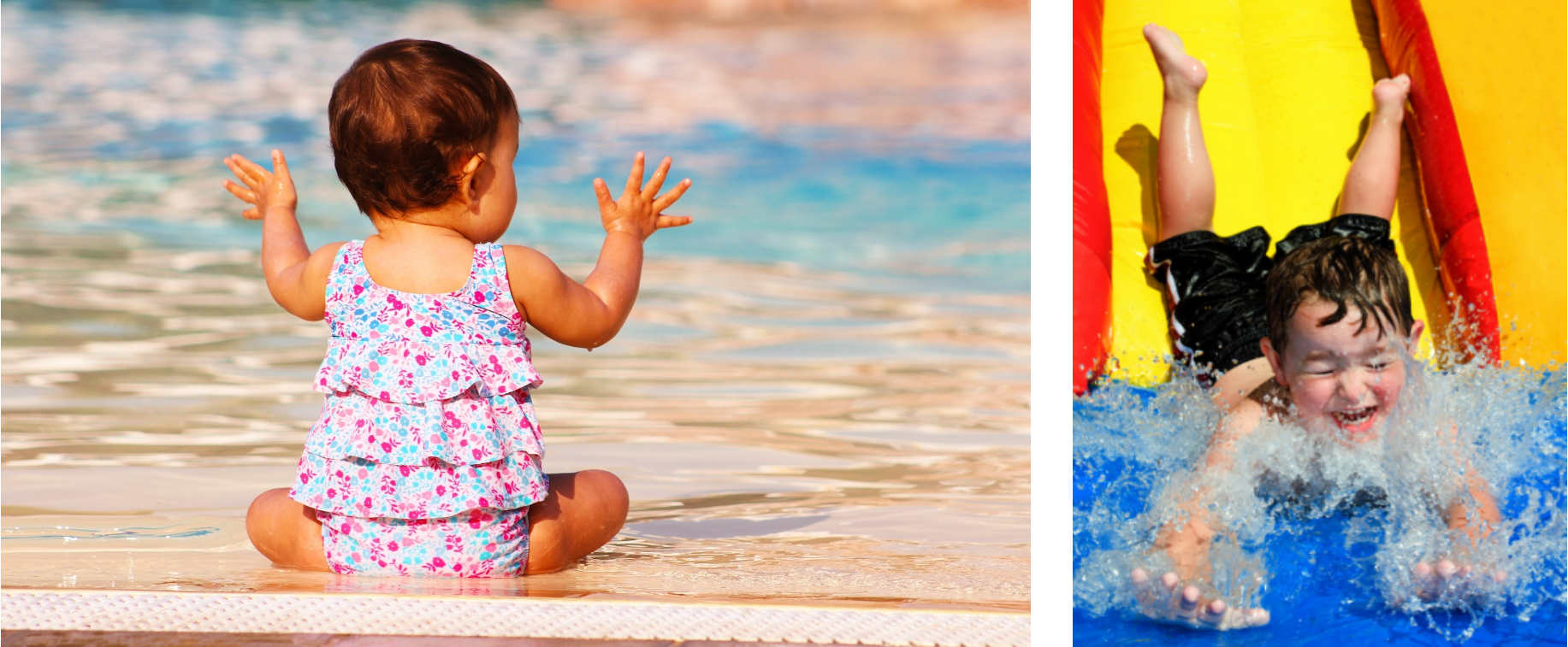 children with watering cans, child on water slide